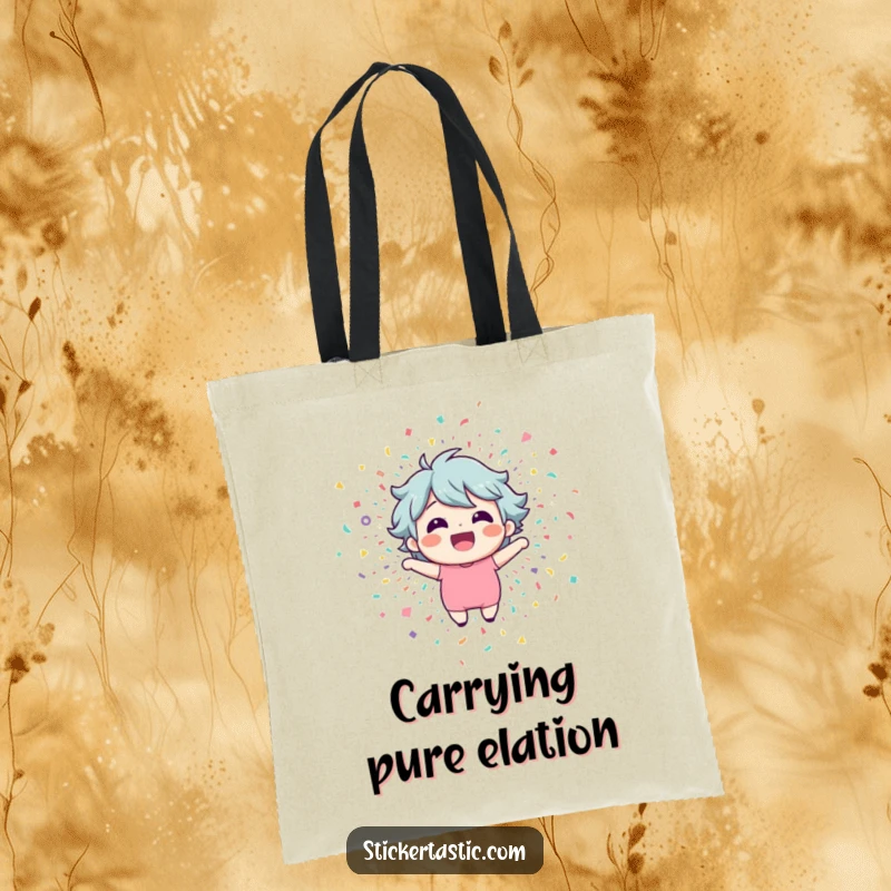 Funny tote bag depicting a happy character exploding out of a confetti shower, perfect for festive carrying.