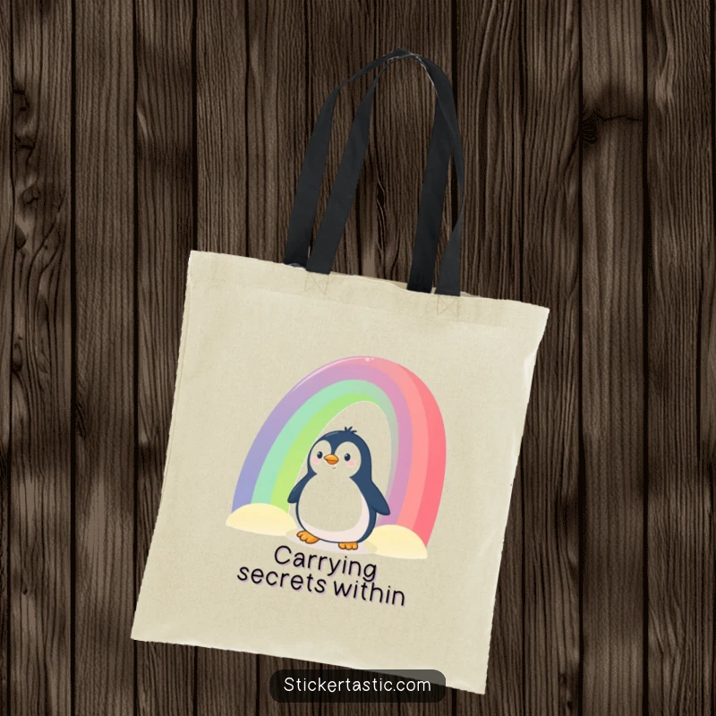 Funny Penguin Tote Bag: A curious penguin peeking from behind a giant rainbow, designed for carrying items with charm and wonder.