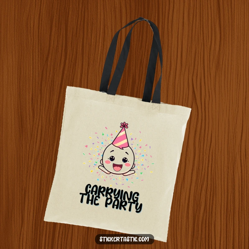 Funny tote bag featuring a happy cartoon character in a party hat, exploding with colorful confetti, perfect for carrying essentials.