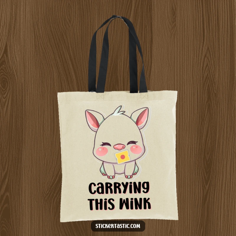 Funny creature winking playfully with a sticker stuck to its nose on a durable tote bag, perfect for carrying secrets.