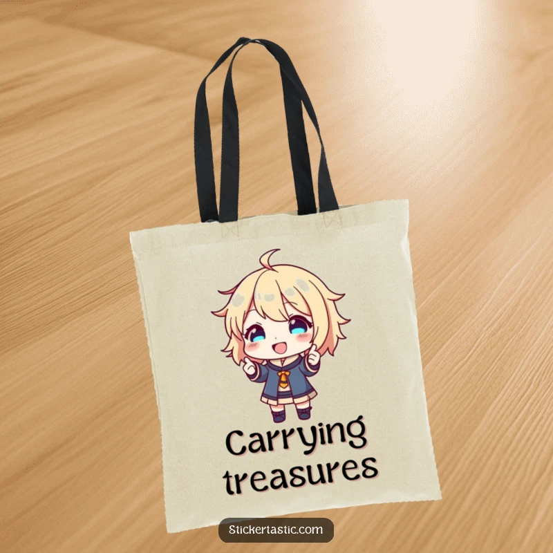 Funny Tote Bag: Happy character proudly showing off a shiny new sticker, looking joyful. Excellent funny gift.