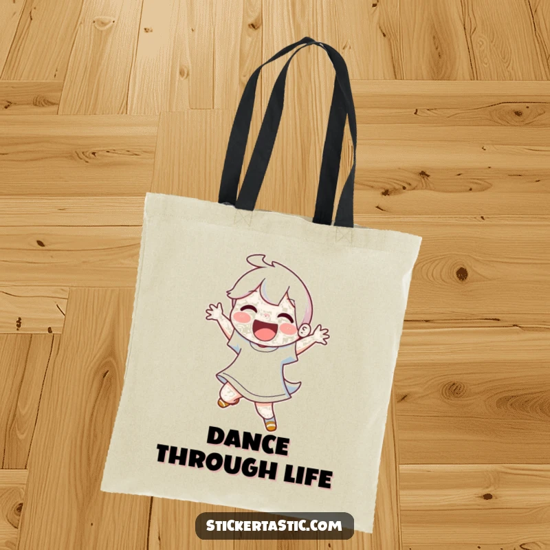 Funny tote bag depicting a joyful character in an energetic dance pose, perfect for carrying essentials.