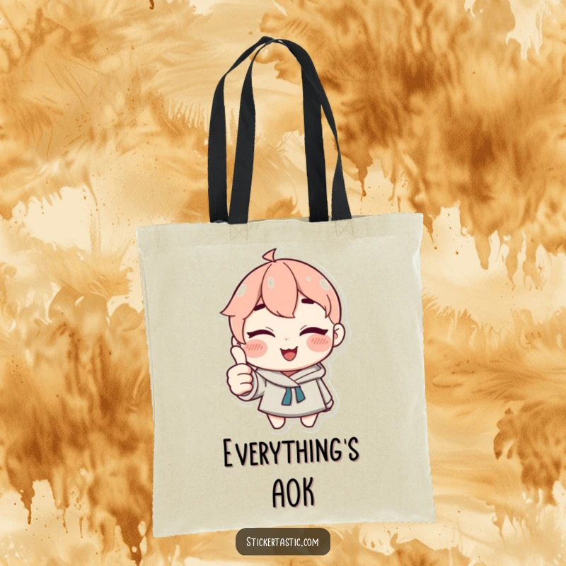 Funny Tote Bag: Character winking and giving a thumbs up with a sticker, looking pleased. Excellent funny gift.