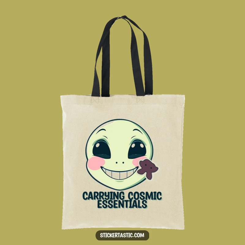 Funny Alien Sticker Tote Bag: Grinning Face Carry-All - Hilarious Space Gift!