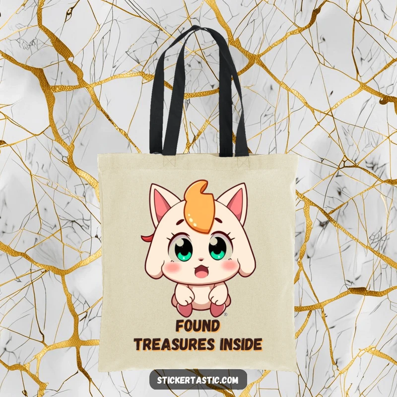 Funny character with wide, amazed eyes catching a falling sticker on a tote bag, ideal for carrying collectibles with joy, a perfect gift.