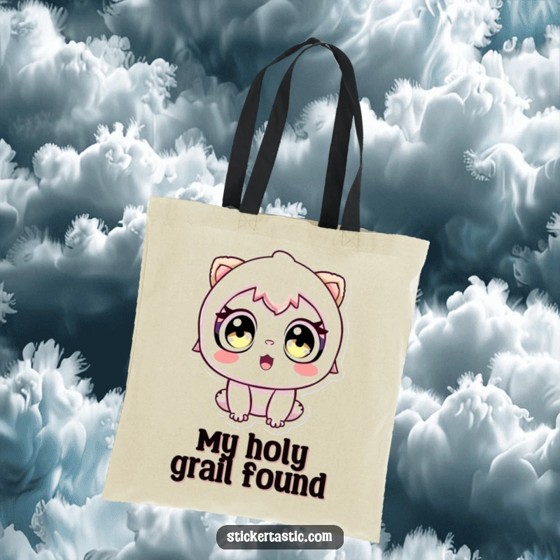 Funny tote bag showing a character with wide eyes looking at a sticker in pure awe, ideal for shoppers.