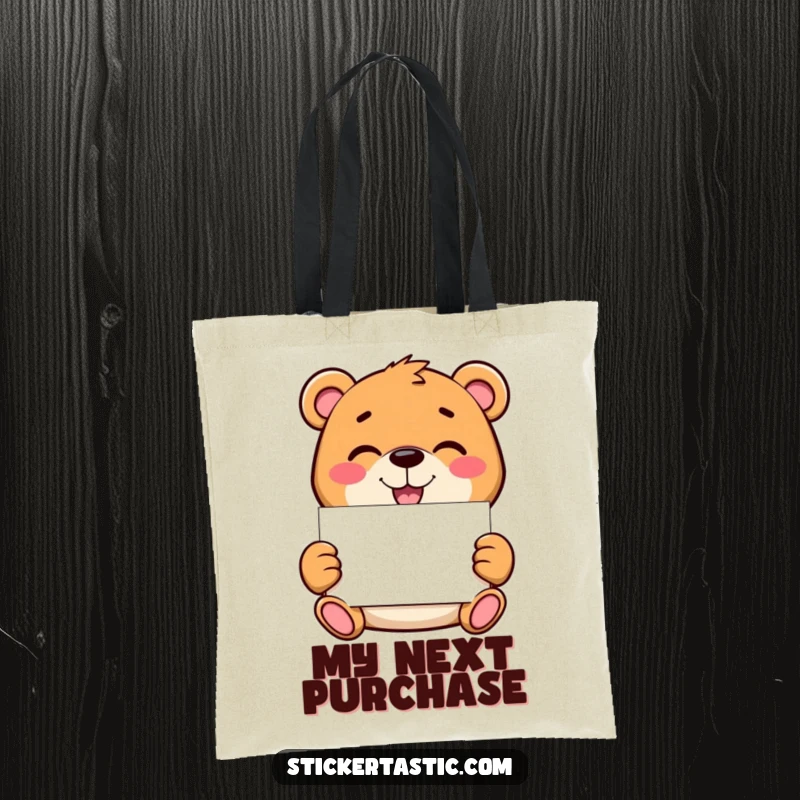Funny bear tote bag featuring a mischievous character proudly displaying a blank sticker, perfect for customizing and carrying your belongings with flair.