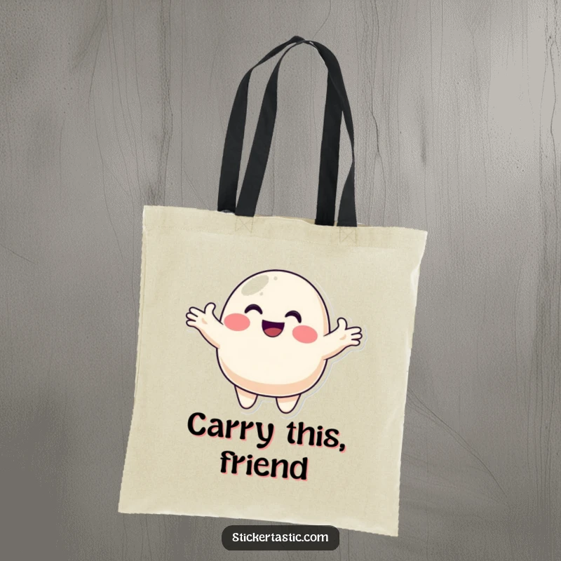Funny blob tote bag featuring a smiling character offering a colorful sticker, perfect for carrying items with a symbolic gesture of sharing and kindness.
