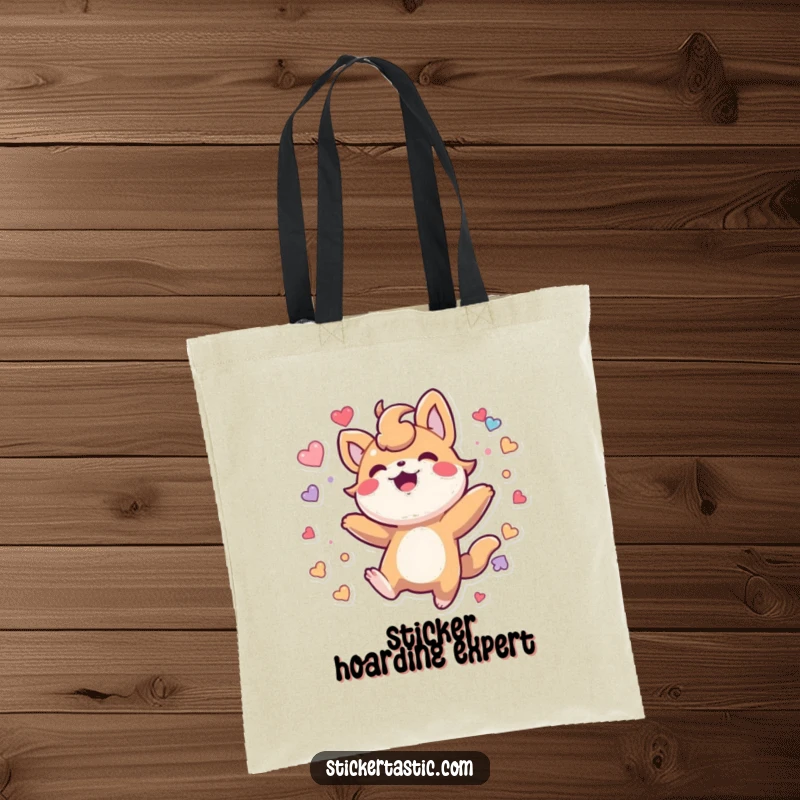 Funny Tote Bag: Energetic creature bounces happily, adorned with numerous stickers, perfect for shopping.
