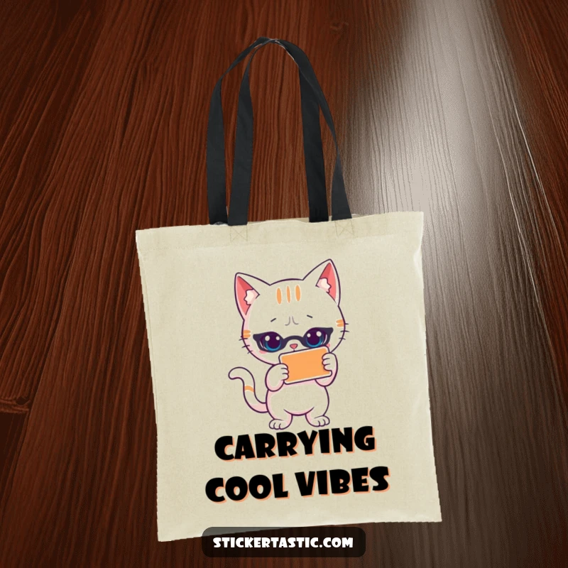 Funny cat tote bag featuring a cool, posing cat character with a sticker. Ideal for carrying items and showcasing feline style.