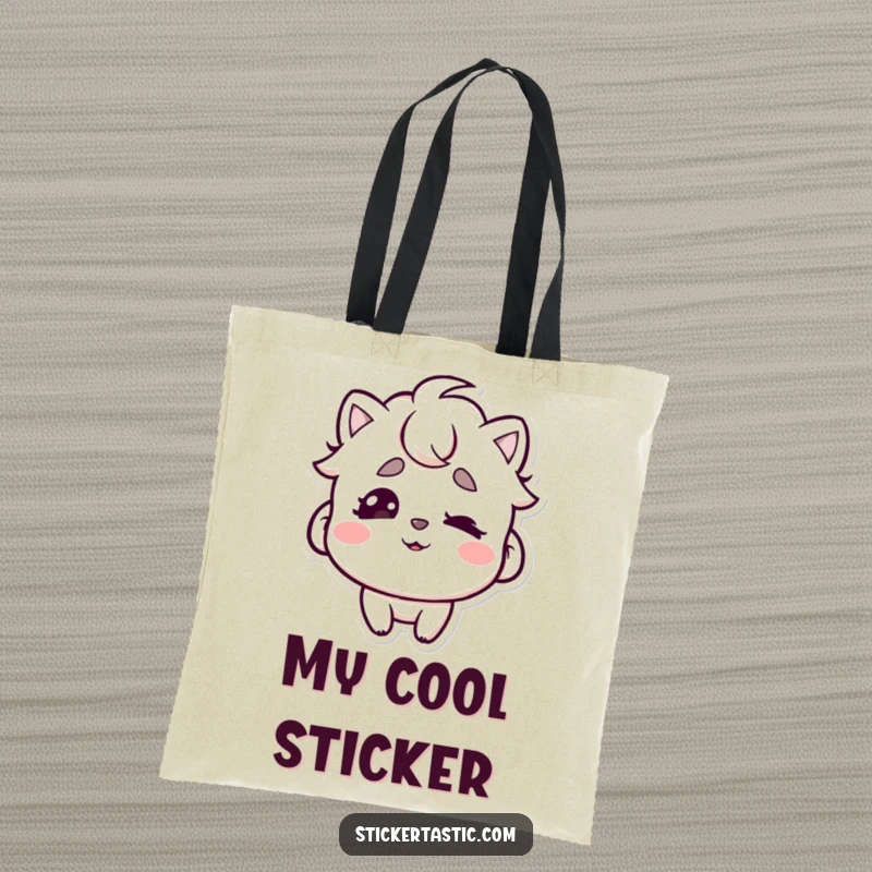 Funny tote bag illustrating a character playfully wiggling eyebrows beneath a trendy sticker, perfect for carrying essentials with style.