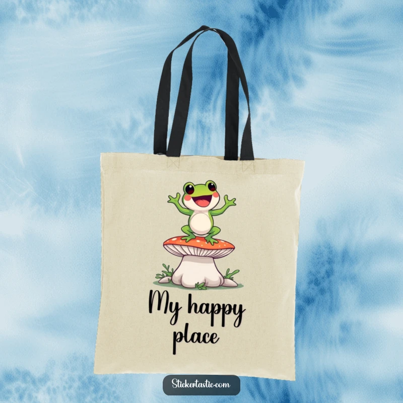 Funny frog dancing on a giant mushroom, depicted on a practical and amusing tote bag for everyday use.