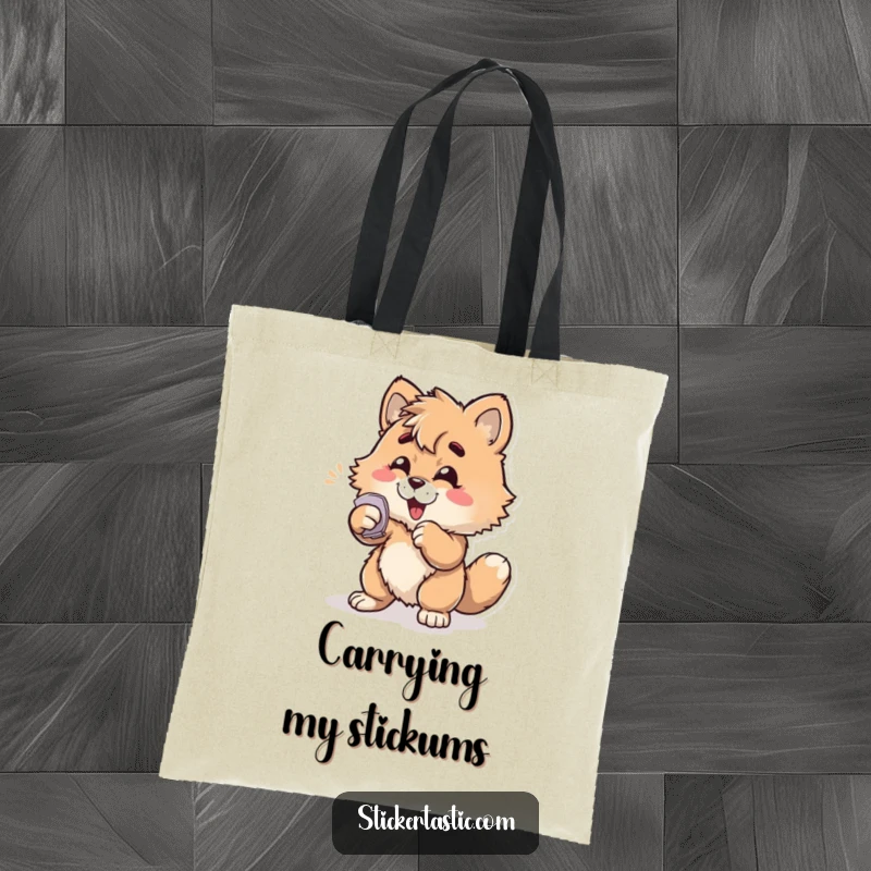 Funny furry character enthusiastically slapping a sticker onto a surface on a durable tote bag, ideal for shopping and fun.