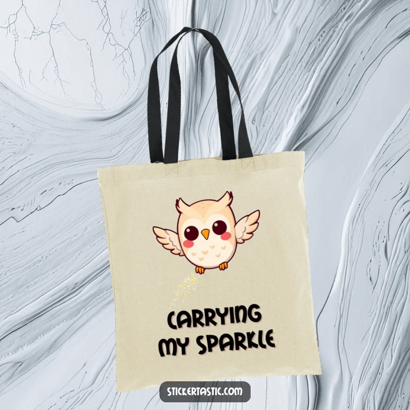 Funny Joyful Owl Tote Bag: A whimsical owl flying with a magical trail of glitter, designed for carrying essentials with enchanting style.