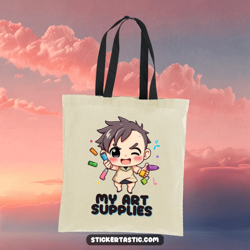 Funny Tote Bag: Character skillfully juggling a pile of colorful markers, symbolizing creative multitasking. Ideal funny gift.