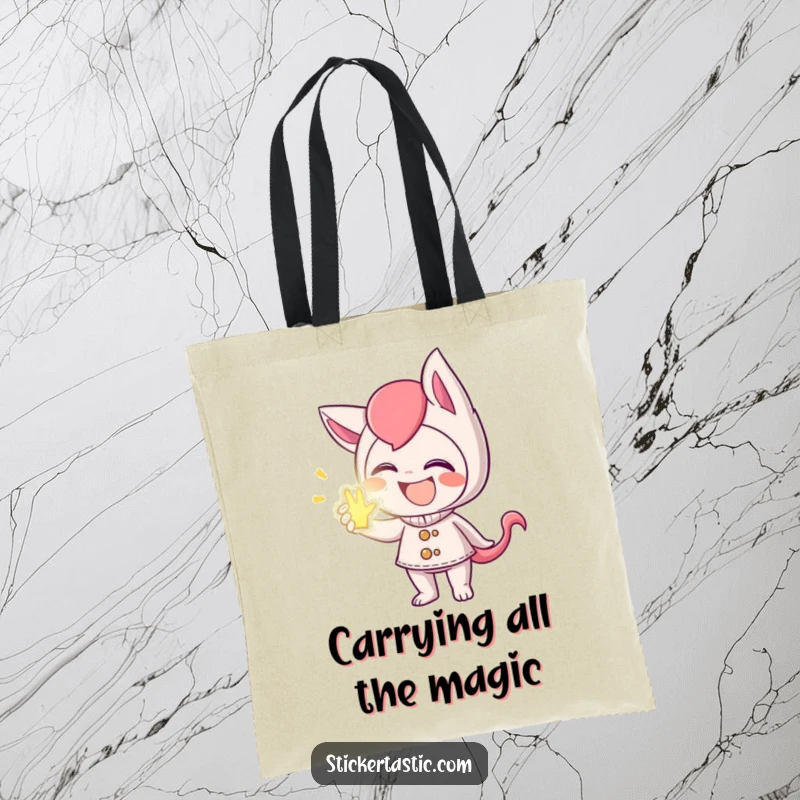 Funny tote bag showing a mischievous giggling character handing out a glowing sticker, great for everyday humor carry.
