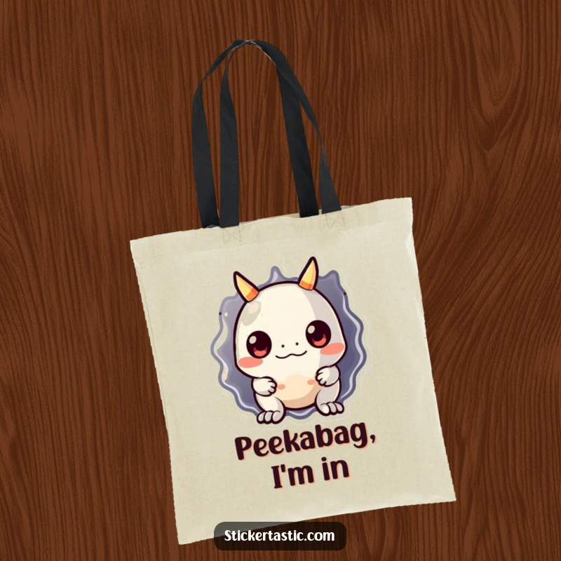 Funny monster tote bag featuring a cute, shy monster peeking over a giant, shiny sticker. Great for shopping and displaying personality.