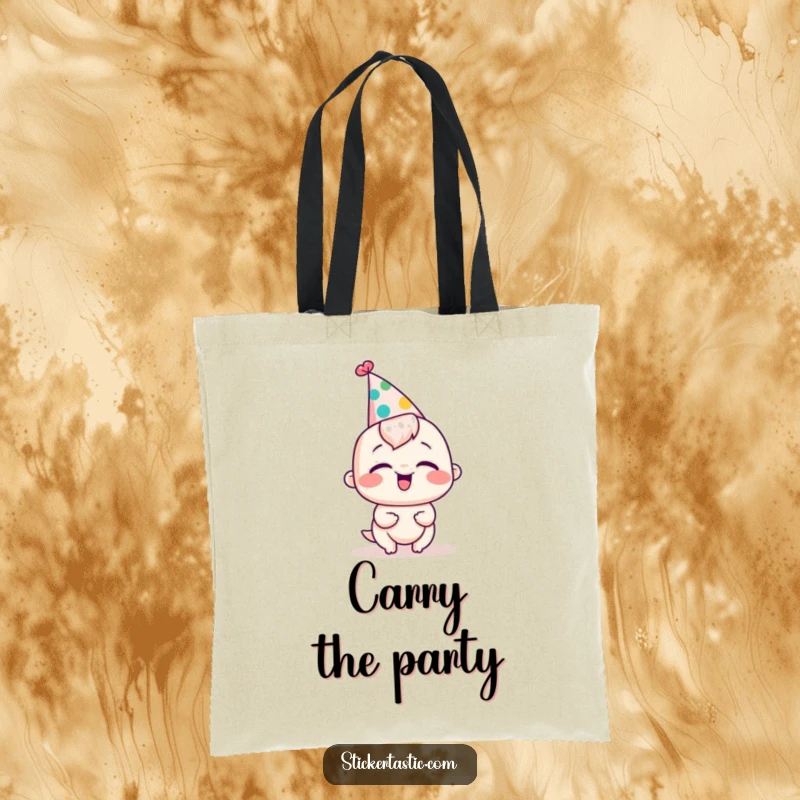 Funny tote bag showcasing a character, adorned with a silly party hat, caught in a fit of giggles.