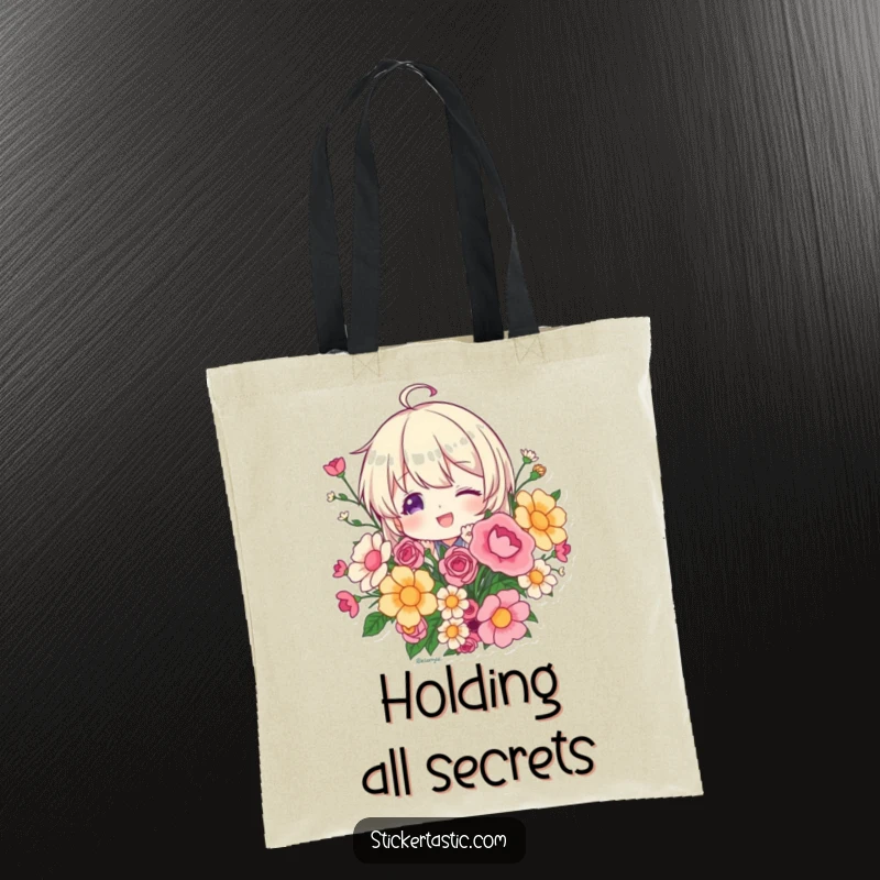 Funny character playfully peeking from behind a sticker bouquet on a tote bag, ideal for carrying essentials with mystery, a perfect gift.