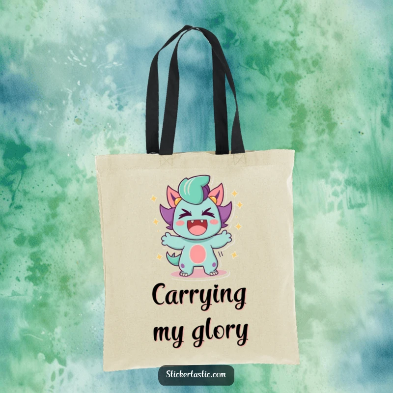 Funny Tote Bag with a character roaring in triumph, surrounded by glittering sparkles, perfect for carrying your winning spirit.