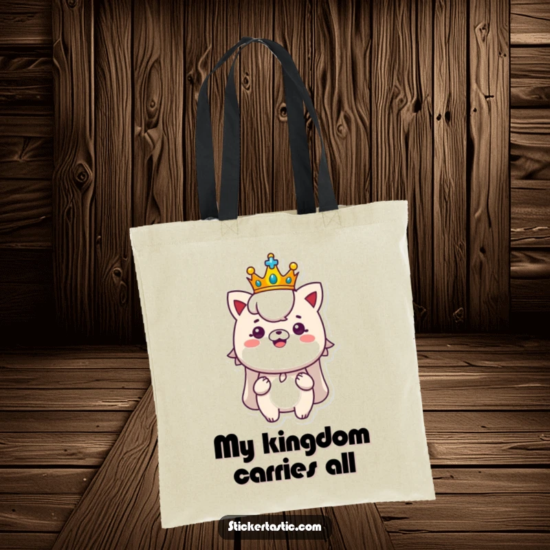 Funny royal sticker tote bag with a character wearing a tiny crown proudly displaying a shiny new sticker, regal and practical humor.