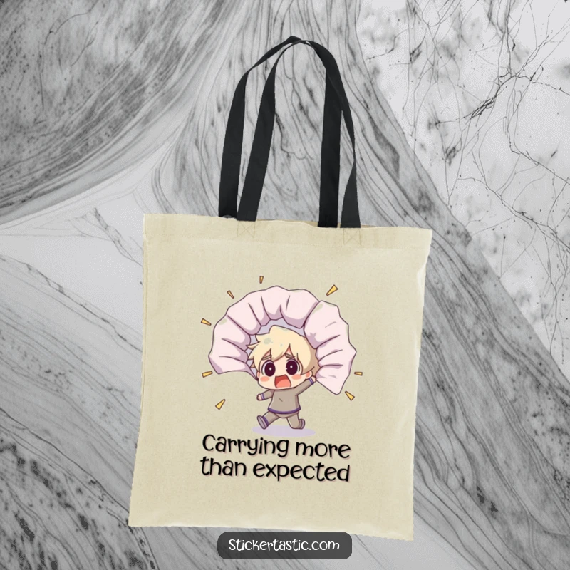Funny tote bag illustrated with a shocked character stumbling backward from a suddenly unfurling giant sticker, hilariously surprised.