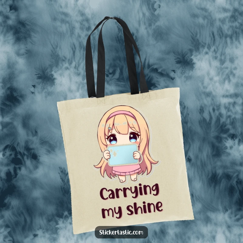 Funny Tote Bag: Charming character holds a vibrant, sparkling sticker, making errands fun and stylish.