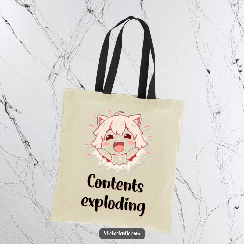 Funny Tote Bag: Excited character bursting out of a sticker, looking thrilled and energetic. Excellent funny gift.
