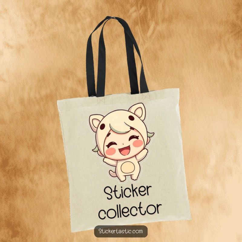 Funny tote bag with a cheerful character grinning while sticking a large colorful sticker, practical and fun.