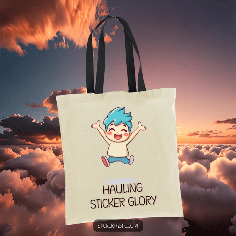 Funny character leaping with a large, shiny sticker on a durable tote bag, perfect for errands and fun.