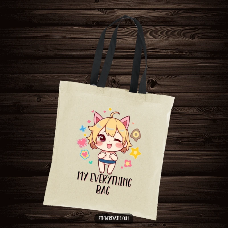 Funny Tote Bag: Mischievous character winks while juggling an array of colorful stickers, ideal for carrying essentials with style.