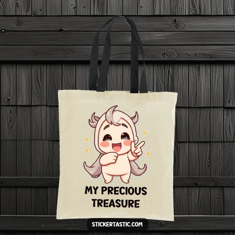 Funny tote bag featuring a character enthusiastically pointing at a cool animated sticker, perfect for carrying everyday items.