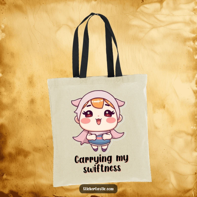 Funny Tote Bag: Character with rosy cheeks making a sticker go super fast, looking thrilled. Great funny gift.