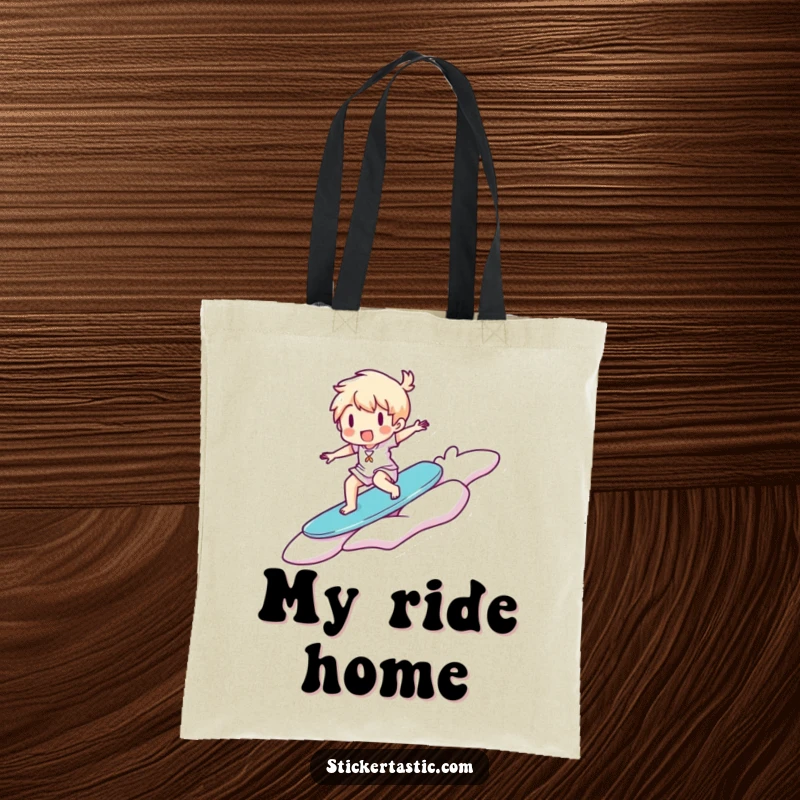 Funny Tote Bag: Happy character surfs a giant floating sticker, perfect for carrying essentials with a sense of adventure.