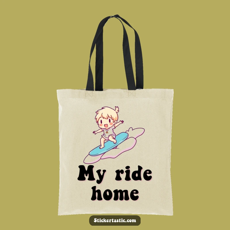 Funny Surfer Sticker Tote Bag: Carry Your Adventure, Happy Character, Perfect Funny Gift