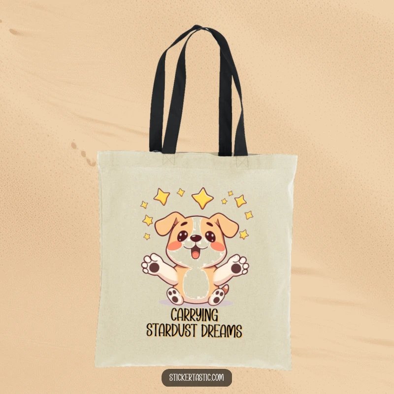 Funny surprised dog tote bag showing a dog humorously catching falling stars, perfect for carrying dreams and essentials.