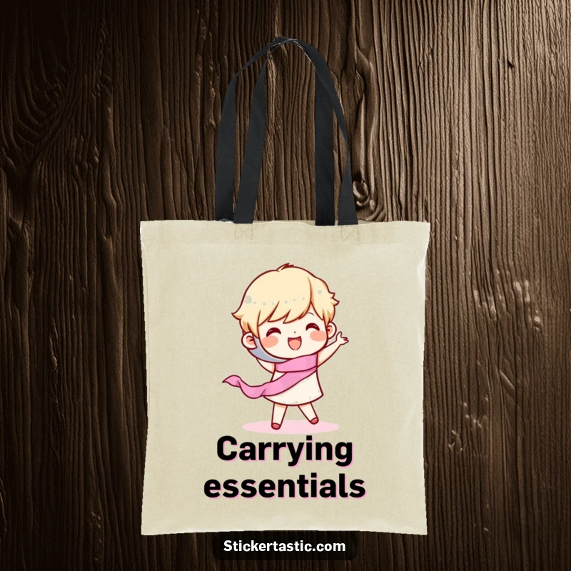 Funny Tote Bag: Character joyfully dancing with a roll of tape, perfect for organizing essentials with fun. Ideal funny gift.