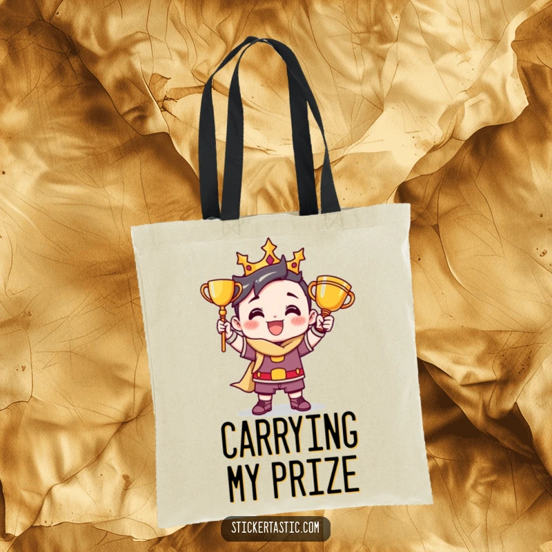Funny tote bag featuring a victorious cartoon character in a triumphant pose with a trophy, perfect for carrying winning essentials.
