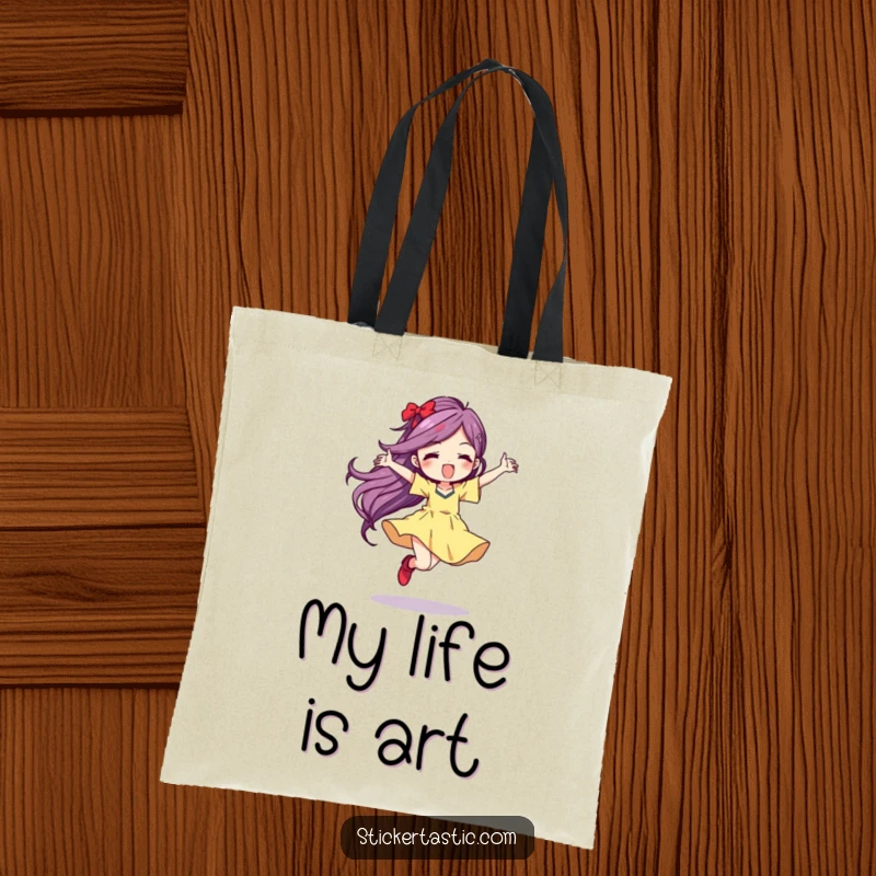 Funny Tote Bag showcasing a character’s wild dance, leaving a vibrant color streak, perfect for art lovers and dance enthusiasts.