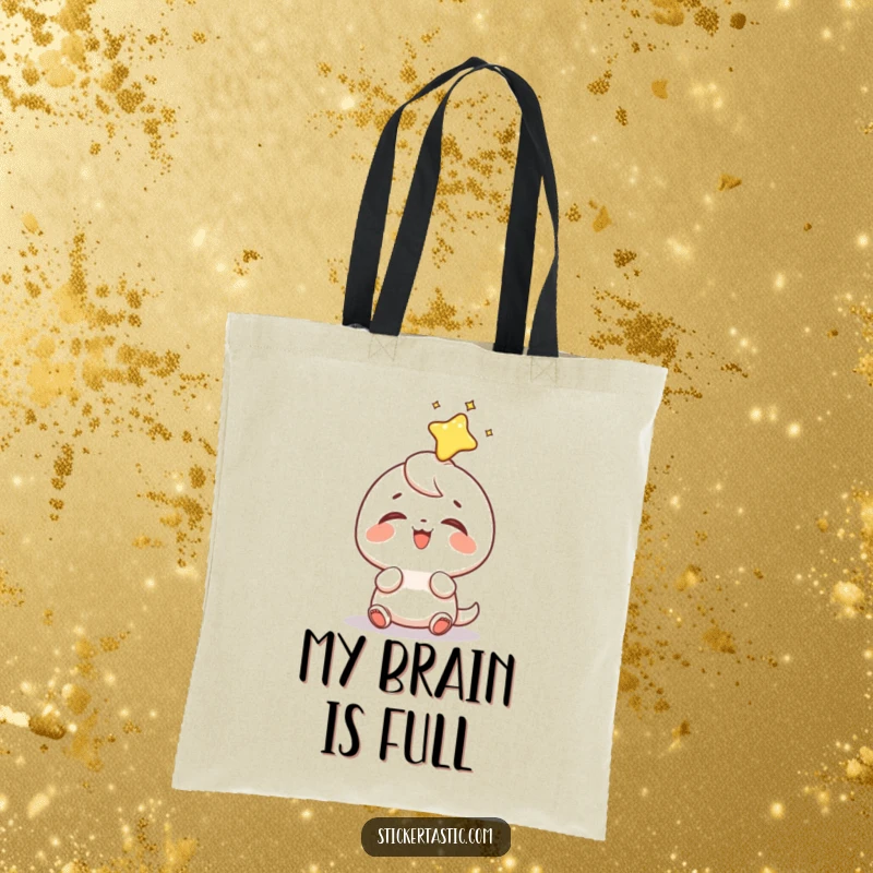 Funny sticker head tote bag showcasing a small character's gleeful reaction to a shiny sticker landing directly upon its head, a humorous accessory.