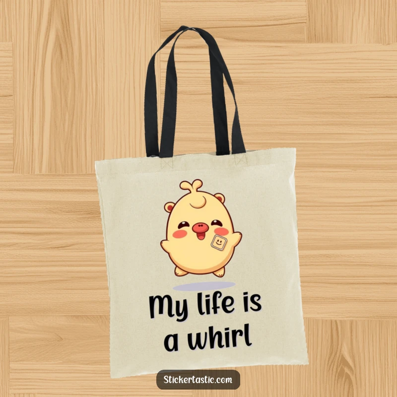 Funny giggling sticker tote bag with a character spinning playfully with a sticker on its nose, a humorous and practical accessory.