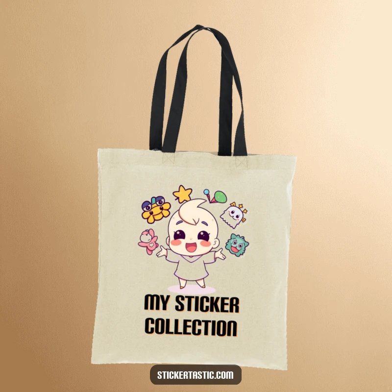 Funny cheerful character juggling vibrant stickers on a tote bag, ready to carry your items with flair.