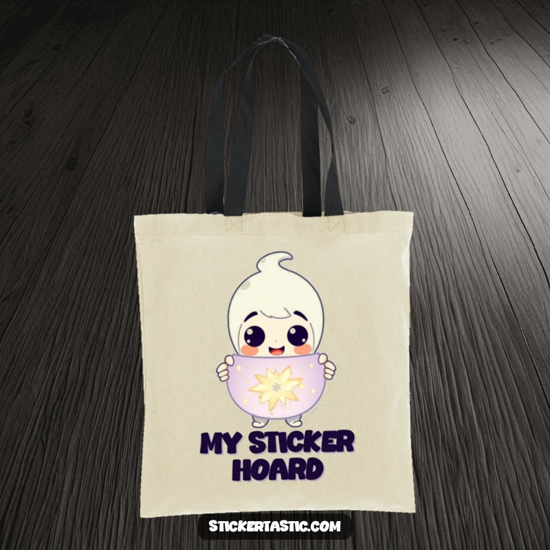 Funny Tote Bag: Character with a wide grin presenting a large, shimmering sticker. Ideal funny gift for collectors.