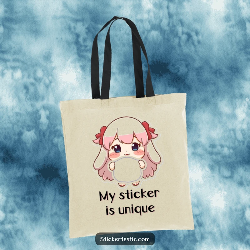 Funny tote bag with a character joyfully presenting a distinctive sticker, perfect for showcasing pride in unique finds.