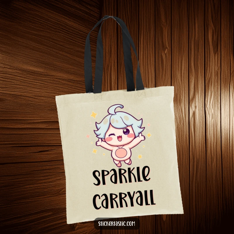 Funny Tote Bag: Happy character in mid-bounce, radiating excitement surrounded by tiny, twinkling sparkles. A practical yet fun gift.