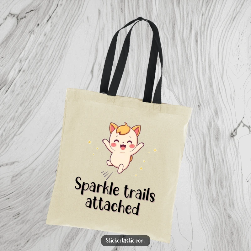 Funny leaping character tote bag showcasing a cute character joyfully leaping, with eye-catching sparkly trails.