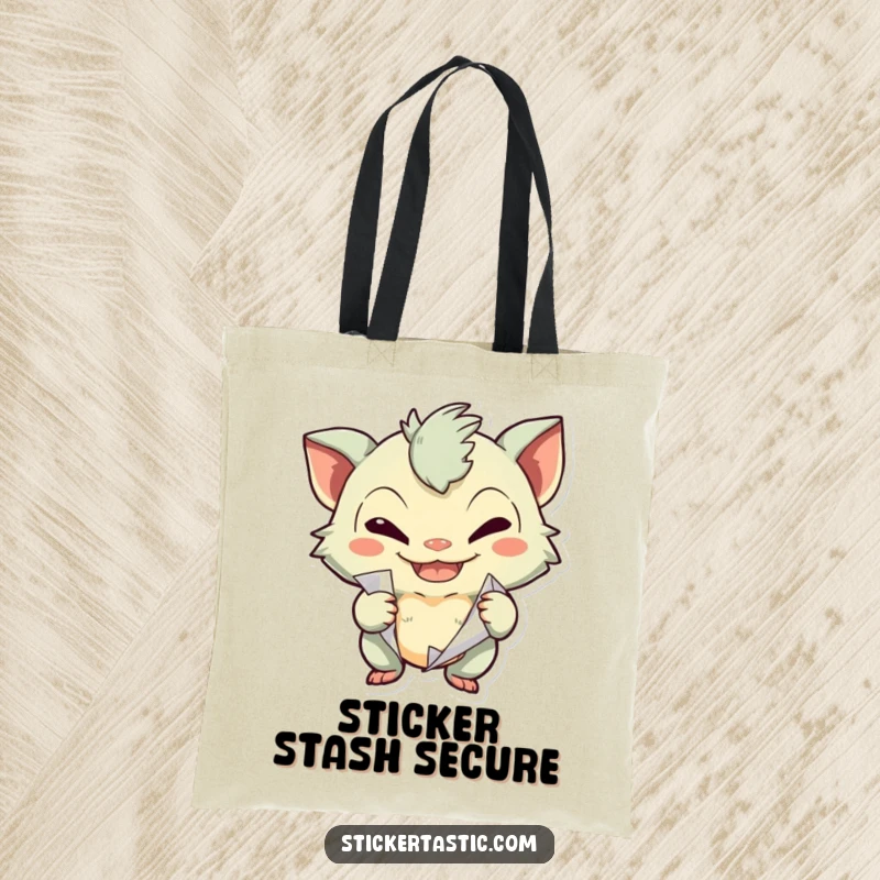 Funny creature with a mischievous grin peeling a sticker on a tote bag, ready for any playful endeavor.